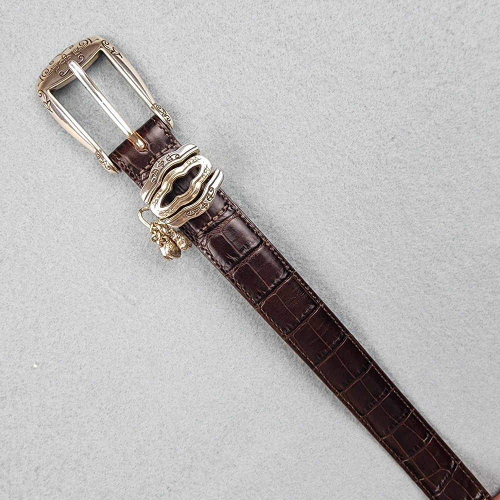 Brighton Belt Womens Medium L 32 Brown Croc Embossed Leather Charm Silver Buckle - Picture 7 of 8